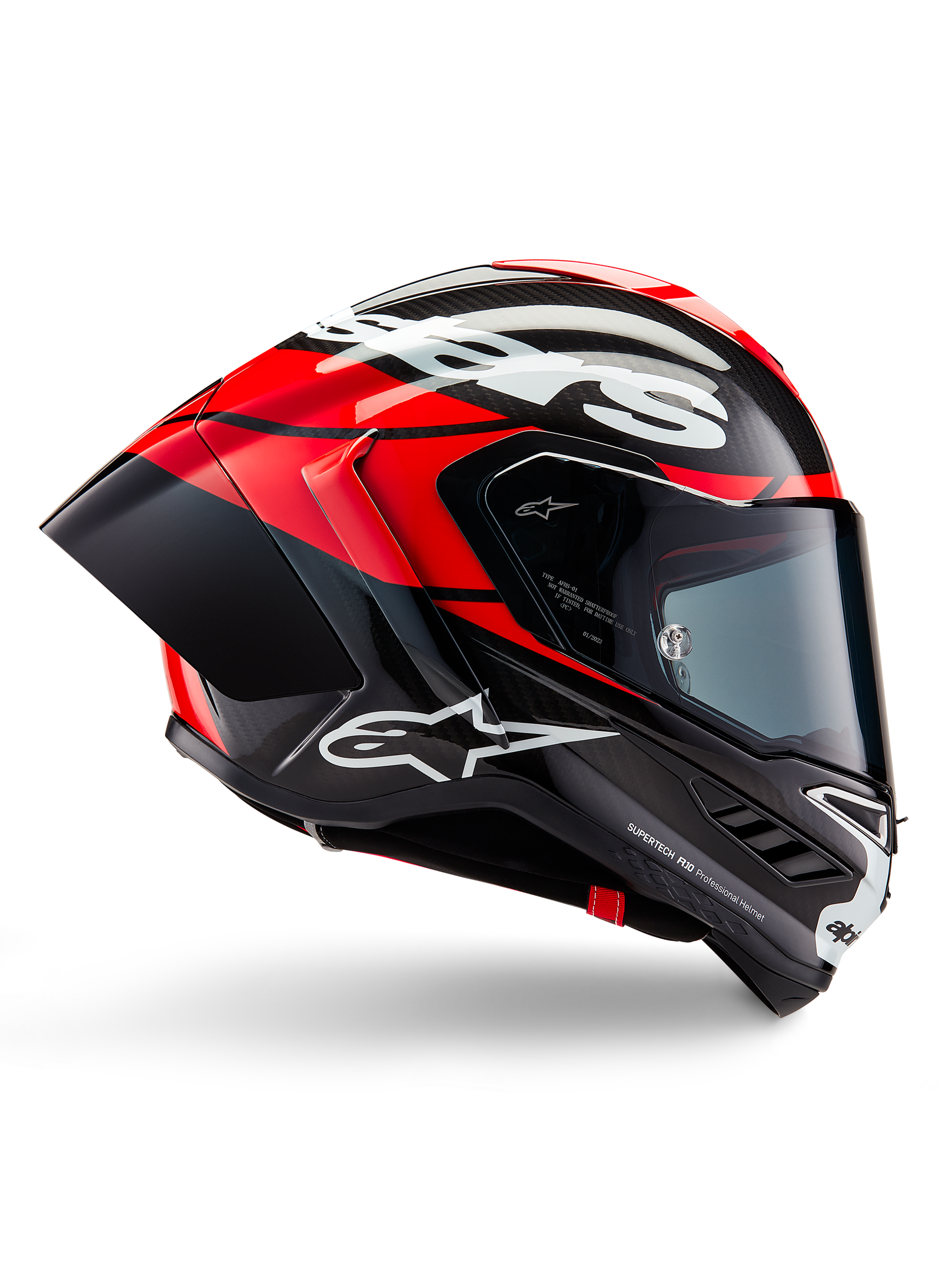 Alpinestars Supertech R10 Element helm, integraal motorracehelm, zwart carbon met helderrode en witte accenten, zijprofiel toont aerodynamische koolstofvezel schaal, glanzende afwerking met wit logo, getint vizier, professionele racebescherming