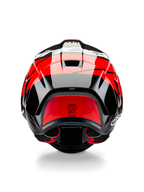 Alpinestars Supertech R10 Element helm, achteraanzicht, zwart carbon met felrode en witte glanzende accenten, voorzien van een aerodynamische achterspoiler, ventilatieopeningen en DOT-certificeringslabel, strak race-geïnspireerd ontwerp met carbonfiber details