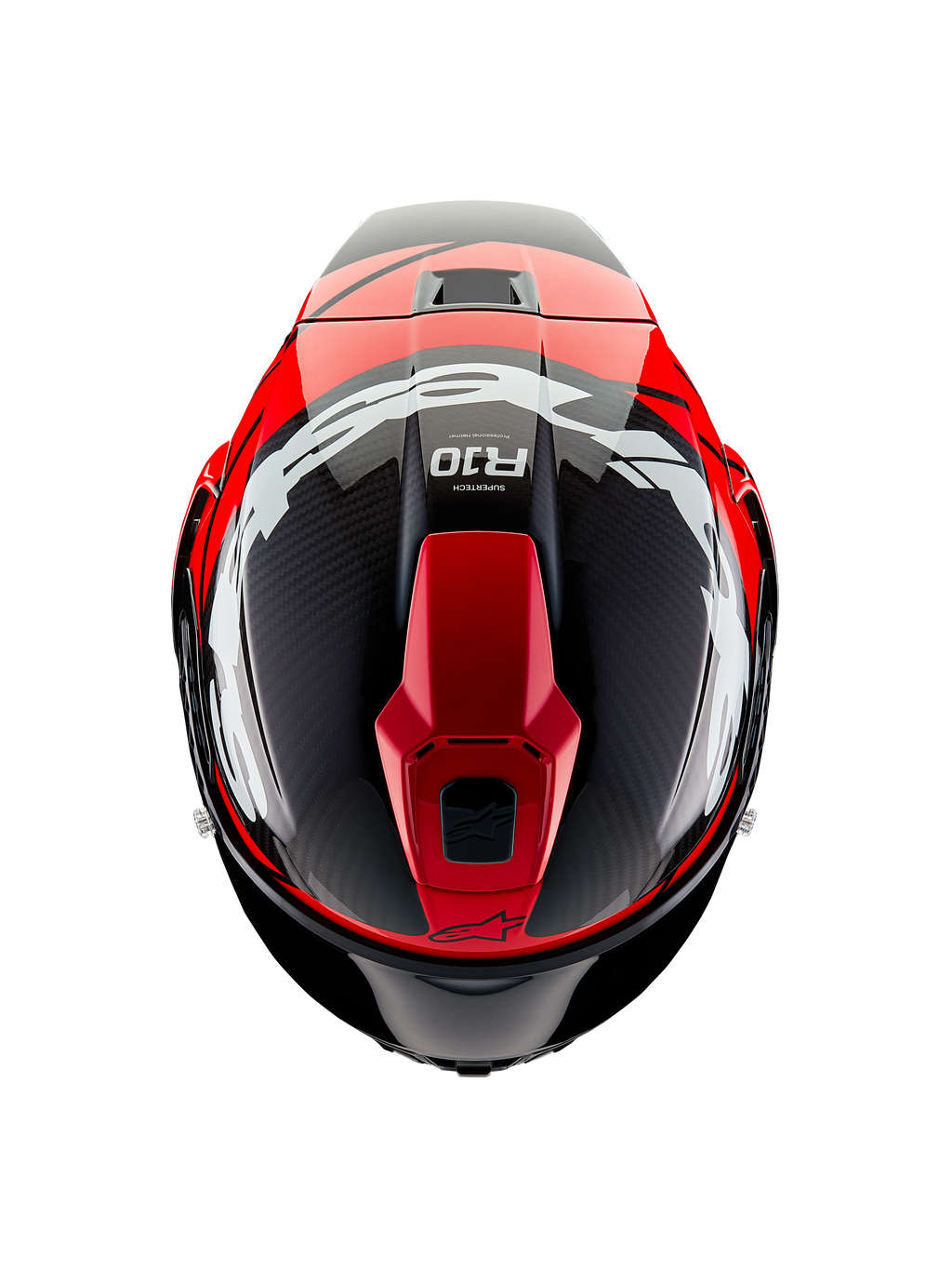 Alpinestars Supertech R10 Element helm, bovenaanzicht, zwart carbon met felrode en witte glanzende graphics, aerodynamische racehelm met grote witte logo's en zichtbaar carbonweefsel