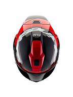 Alpinestars Supertech R10 Element helm, bovenaanzicht, zwart carbon met felrode en witte glanzende graphics, aerodynamische racehelm met grote witte logo's en zichtbaar carbonweefsel