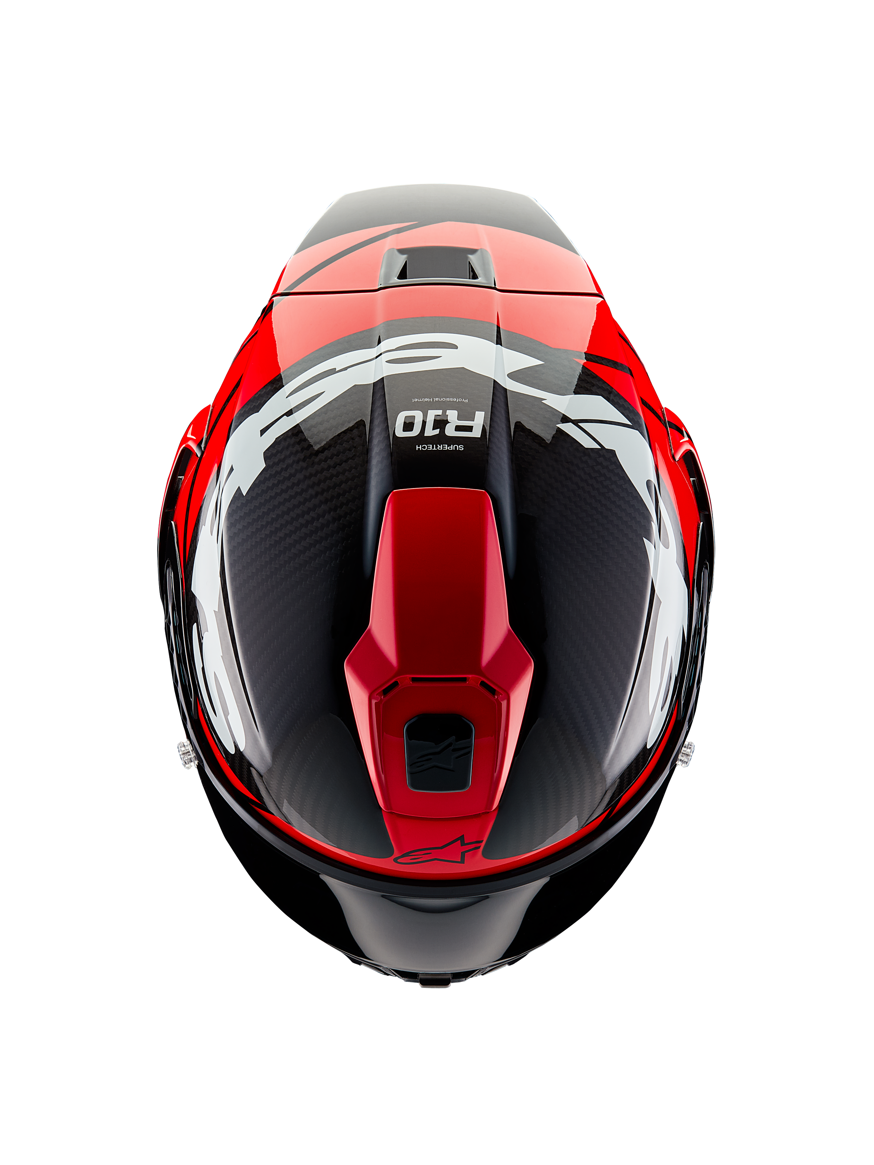 Alpinestars Supertech R10 Element helm, bovenaanzicht, zwart carbon met felrode en witte glanzende graphics, aerodynamische racehelm met grote witte logo's en zichtbaar carbonweefsel