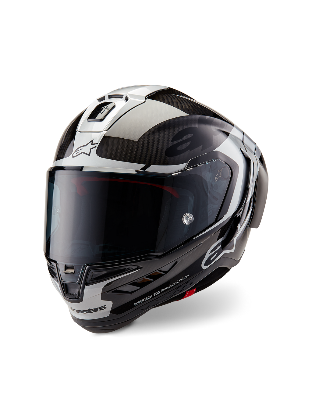 Alpinestars Supertech R10 Element Helmet, Full-Face Motorcycle Racing Helmet, Black Carbon Silver and Glossy Black, featuring a dark smoke visor, aerodynamic carbon fiber shell, and Alpinestars branding
