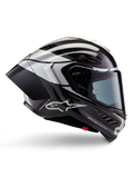 Alpinestars Supertech R10 Element Helmet, Full-Face Motorcycle Racing Helmet, Black Carbon, Silver, and Black Glossy finish, side profile view featuring aerodynamic carbon fiber shell, clear visor, and bold Alpinestars branding