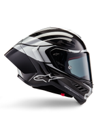 Alpinestars Supertech R10 Element Helmet, Full-Face Motorcycle Racing Helmet, Black Carbon, Silver, and Black Glossy finish, side profile view featuring aerodynamic carbon fiber shell, clear visor, and bold Alpinestars branding