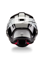 Alpinestars Supertech R10 Element Helmet, Rear View, Black Carbon Silver Black Glossy, featuring aerodynamic spoiler design, DOT certification label, and red interior padding accents, professional racing head protection