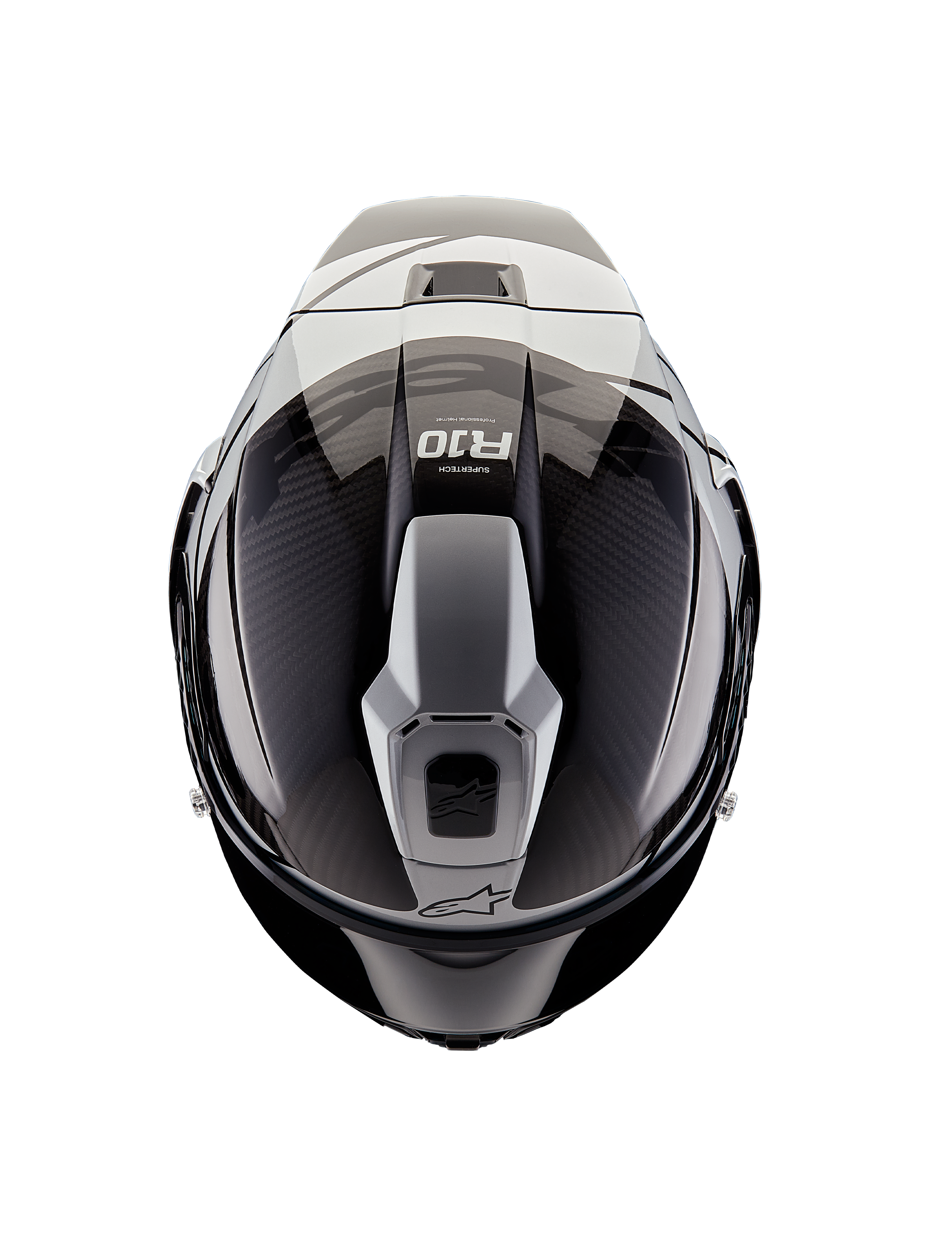 Alpinestars Supertech R10 Element Helmet, top-down view, Black Carbon and Silver, glossy finish with visible carbon fiber weave, aerodynamic vent structure, R10 logo and Alpinestars branding, professional racing motorcycle helmet