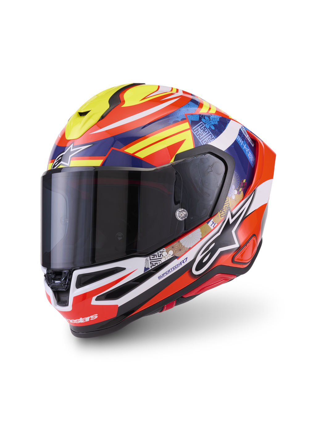 Alpinestars S R 7 Taiyo Furusato helm ECE 06, integraalmotorhelm voor motorracing, rood, wit, blauw en geel, aerodynamisch ontwerp met grafische details