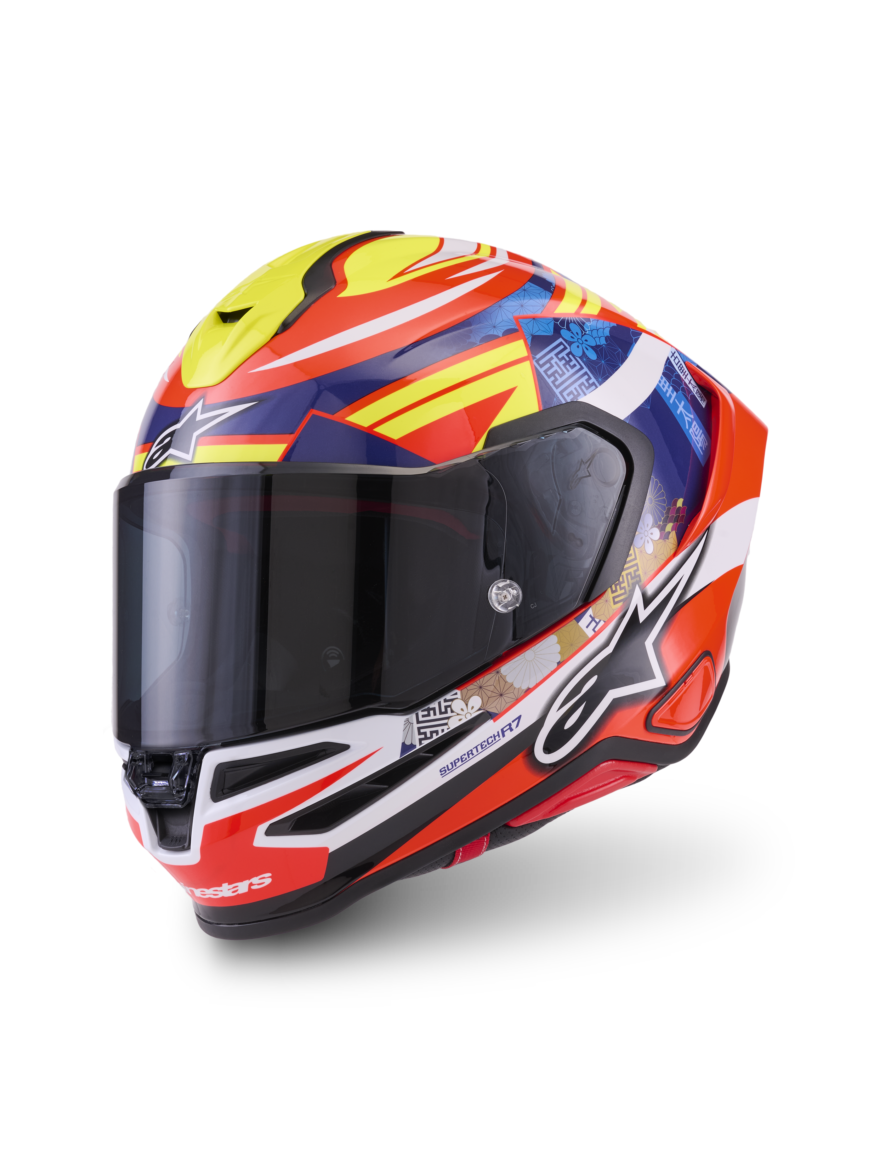 Alpinestars S R 7 Taiyo Furusato helm ECE 06, integraalmotorhelm voor motorracing, rood, wit, blauw en geel, aerodynamisch ontwerp met grafische details