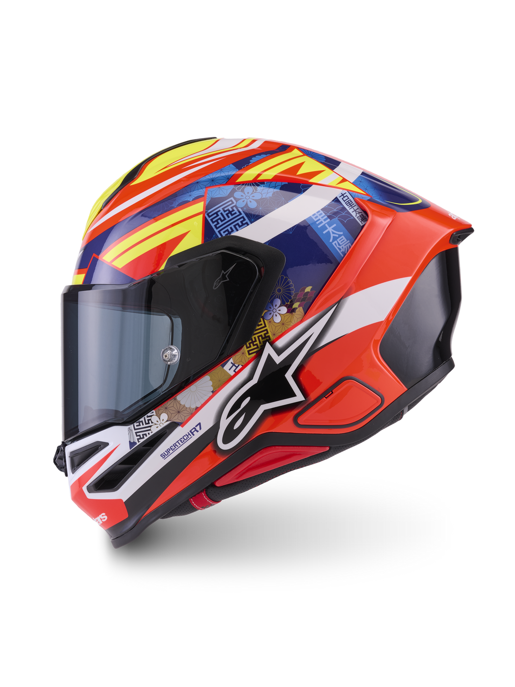 Alpinestars S-R7 Taiyo Furusato helm, integraalmotorhelm, rood, wit, blauw en geel met glanzende afwerking, ECE-gecertificeerd, carbon multicomposiet schaalconstructie