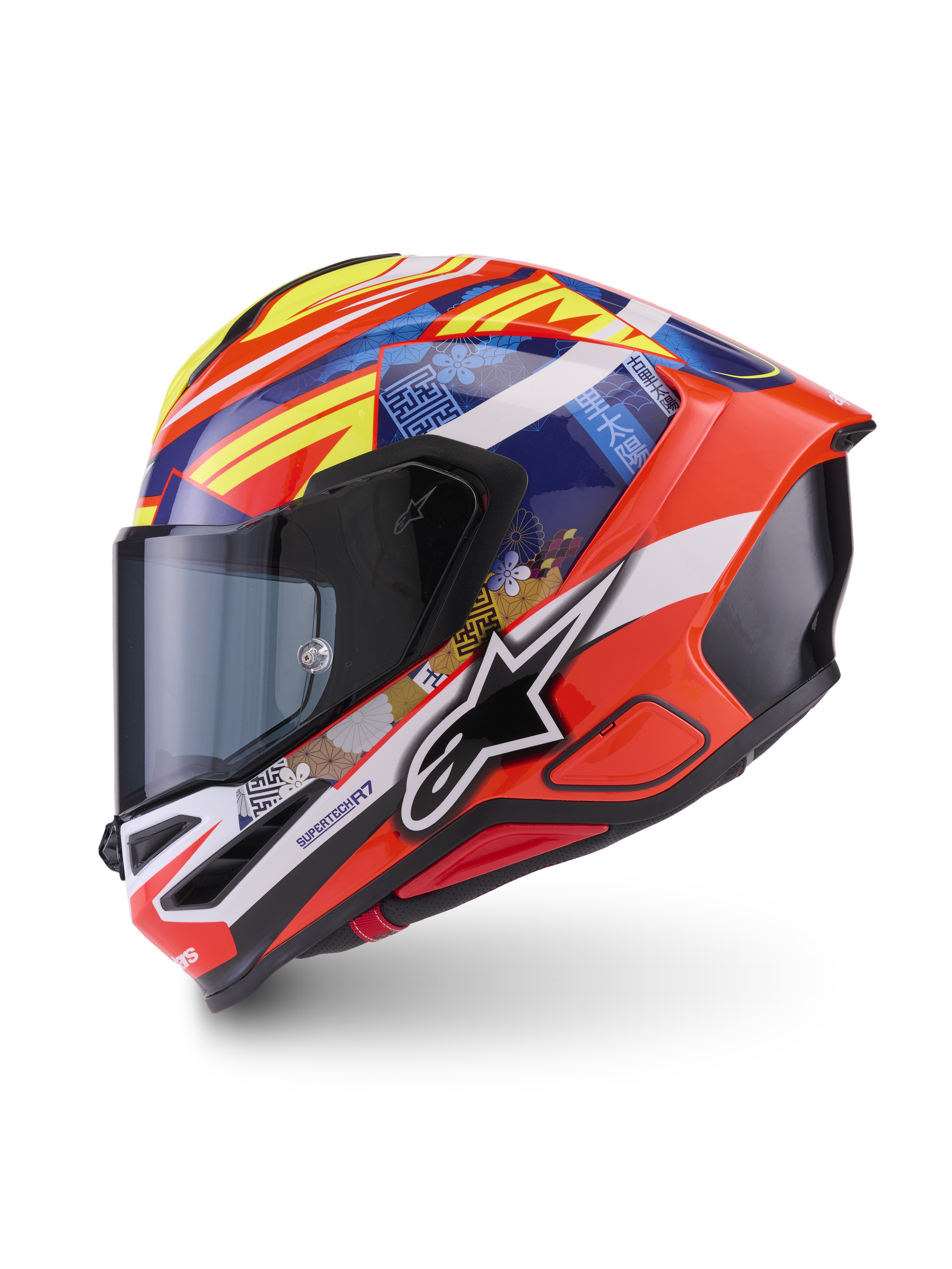 Alpinestars S-R7 Taiyo Furusato helm, integraalmotorhelm, rood, wit, blauw en geel met glanzende afwerking, ECE-gecertificeerd, carbon multicomposiet schaalconstructie