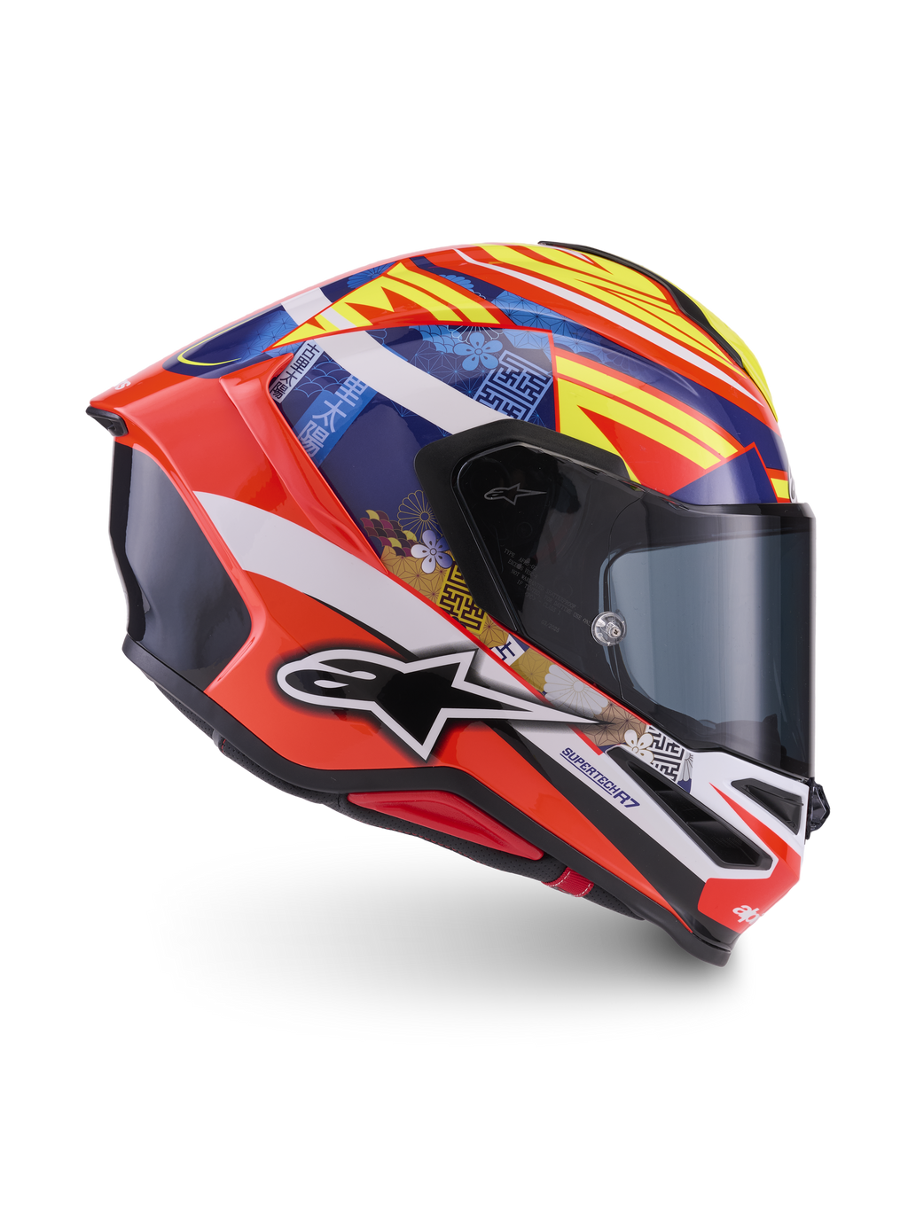 Alpinestars S-R7 Taiyo Furusato helm, ECE-gecertificeerde integraalmotorhelm, rood, wit, blauw en geel, carbon constructie met grafisch design