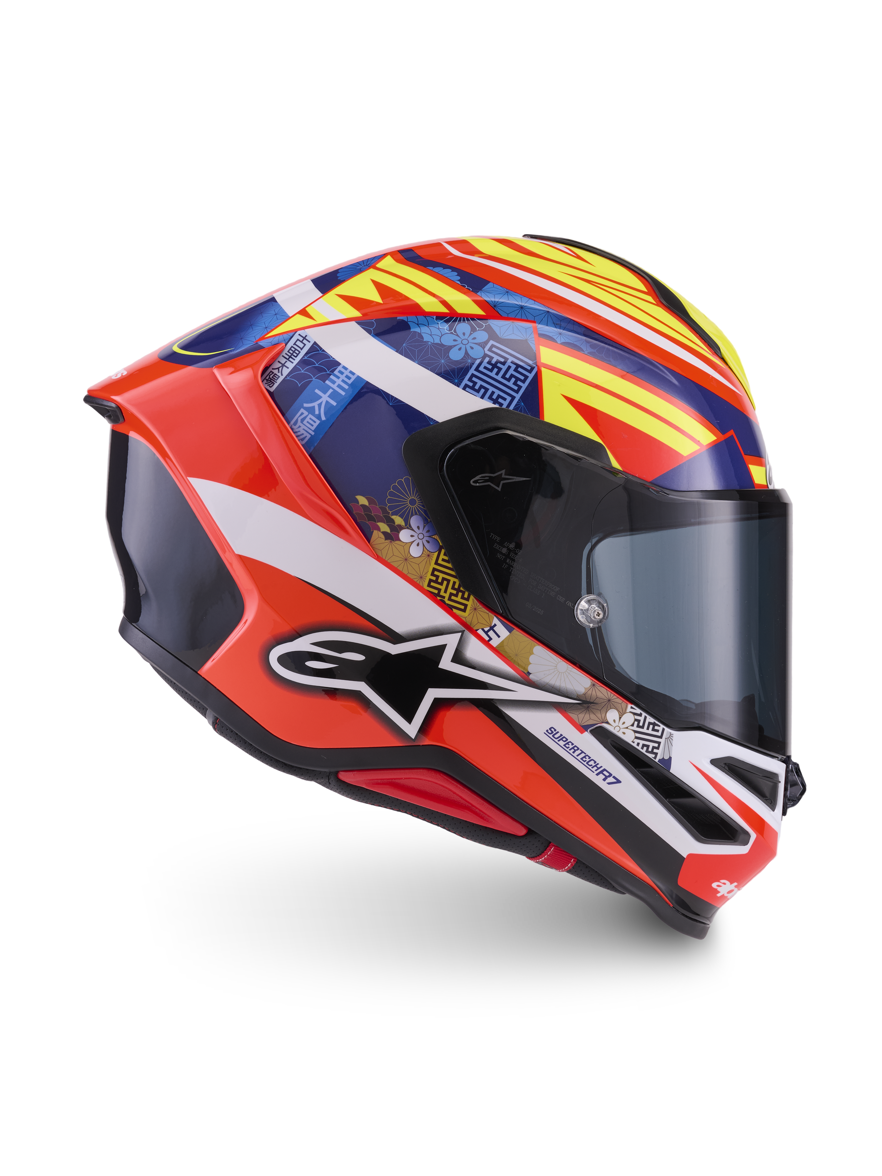Alpinestars S-R7 Taiyo Furusato helm, ECE-gecertificeerde integraalmotorhelm, rood, wit, blauw en geel, carbon constructie met grafisch design