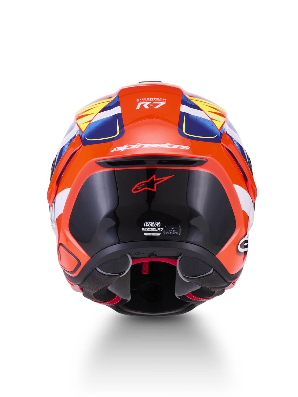 Alpinestars S-R7 Taiyo Furusato helm, integraalmotorhelm, achteraanzicht, rood, wit, blauw en geel, carbon composiet constructie