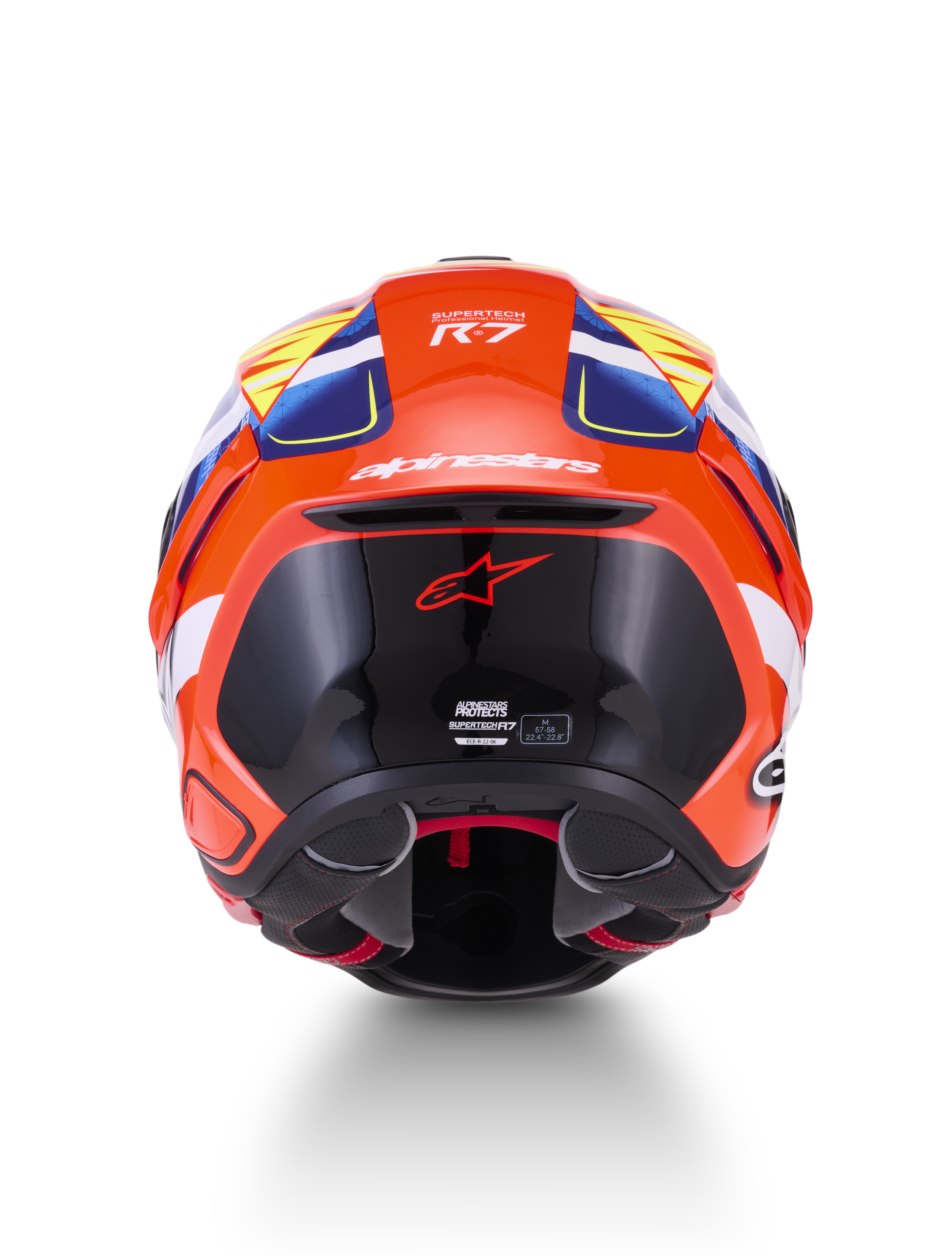Alpinestars S-R7 Taiyo Furusato helm, integraalmotorhelm, achteraanzicht, rood, wit, blauw en geel, carbon composiet constructie