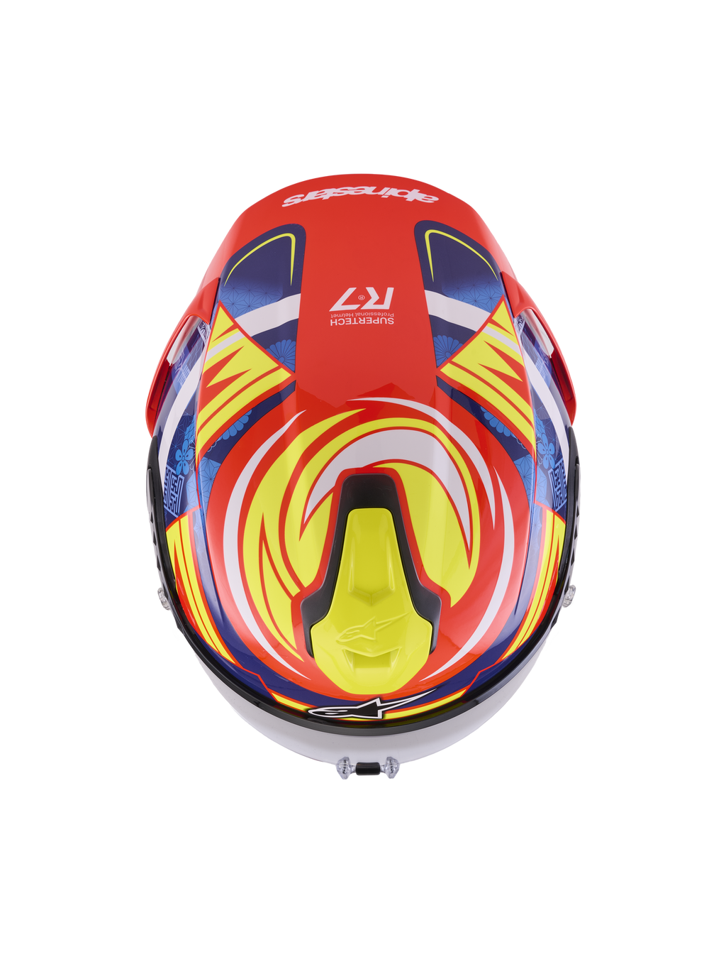 Alpinestars S-R7 Taiyo Furusato helm, ECE-gecertificeerde racehelm, rood, wit, blauw en geel glanzend, topweergave met aerodynamische spoiler en ventilatieopeningen