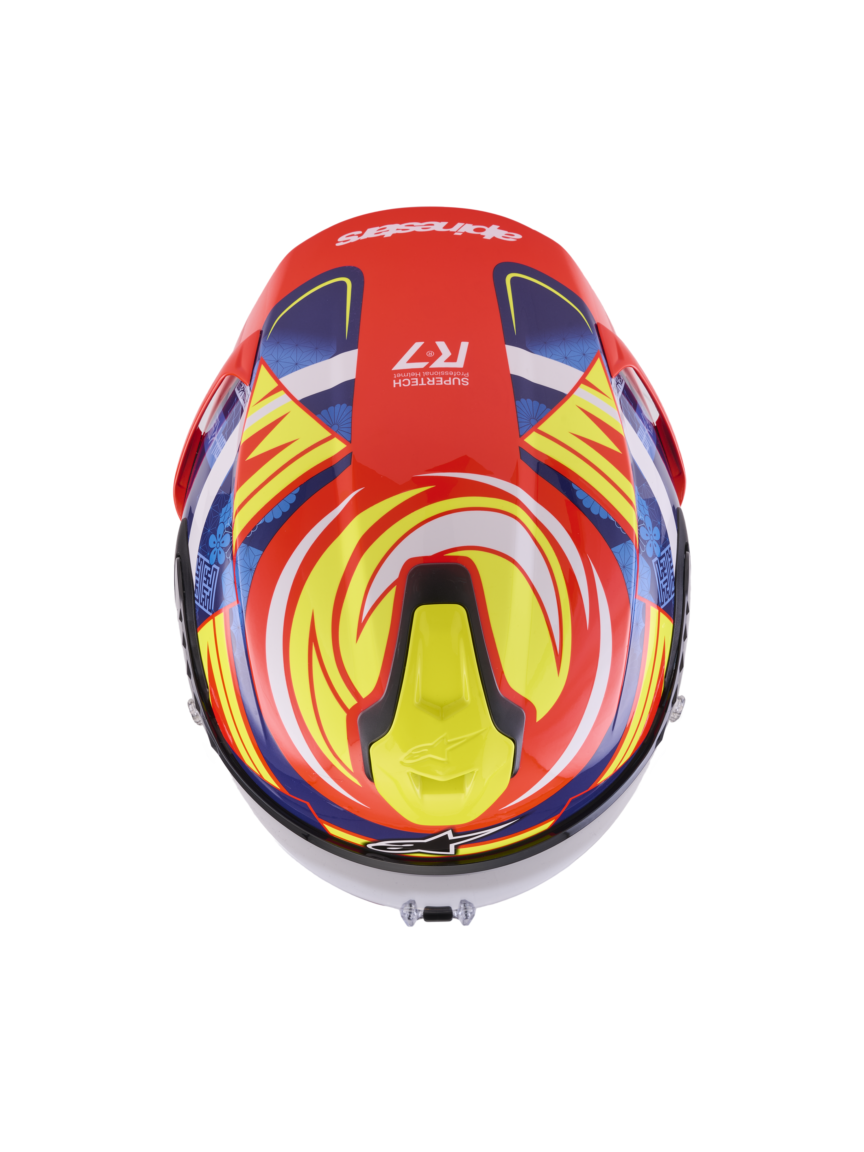 Alpinestars S-R7 Taiyo Furusato helm, ECE-gecertificeerde racehelm, rood, wit, blauw en geel glanzend, topweergave met aerodynamische spoiler en ventilatieopeningen