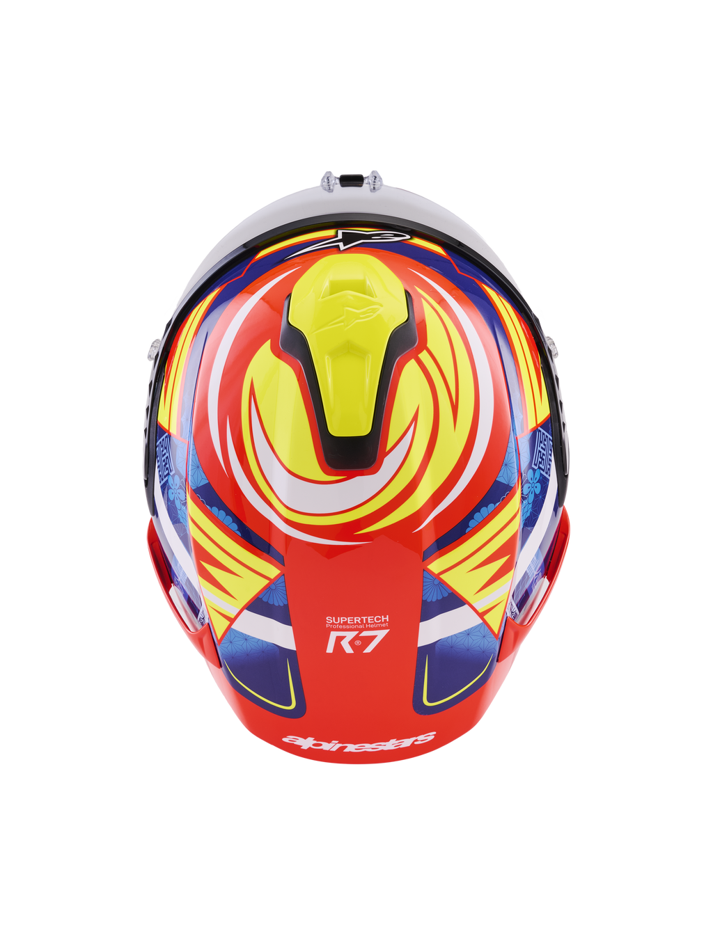 Alpinestars S-R7 Taiyo Furusato helm, ECE 22.06 gecertificeerde integraalracehelm, achteraanzicht van boven met multi-composiet carbon schaalconstructie in rood, wit, blauw en geel glanzend