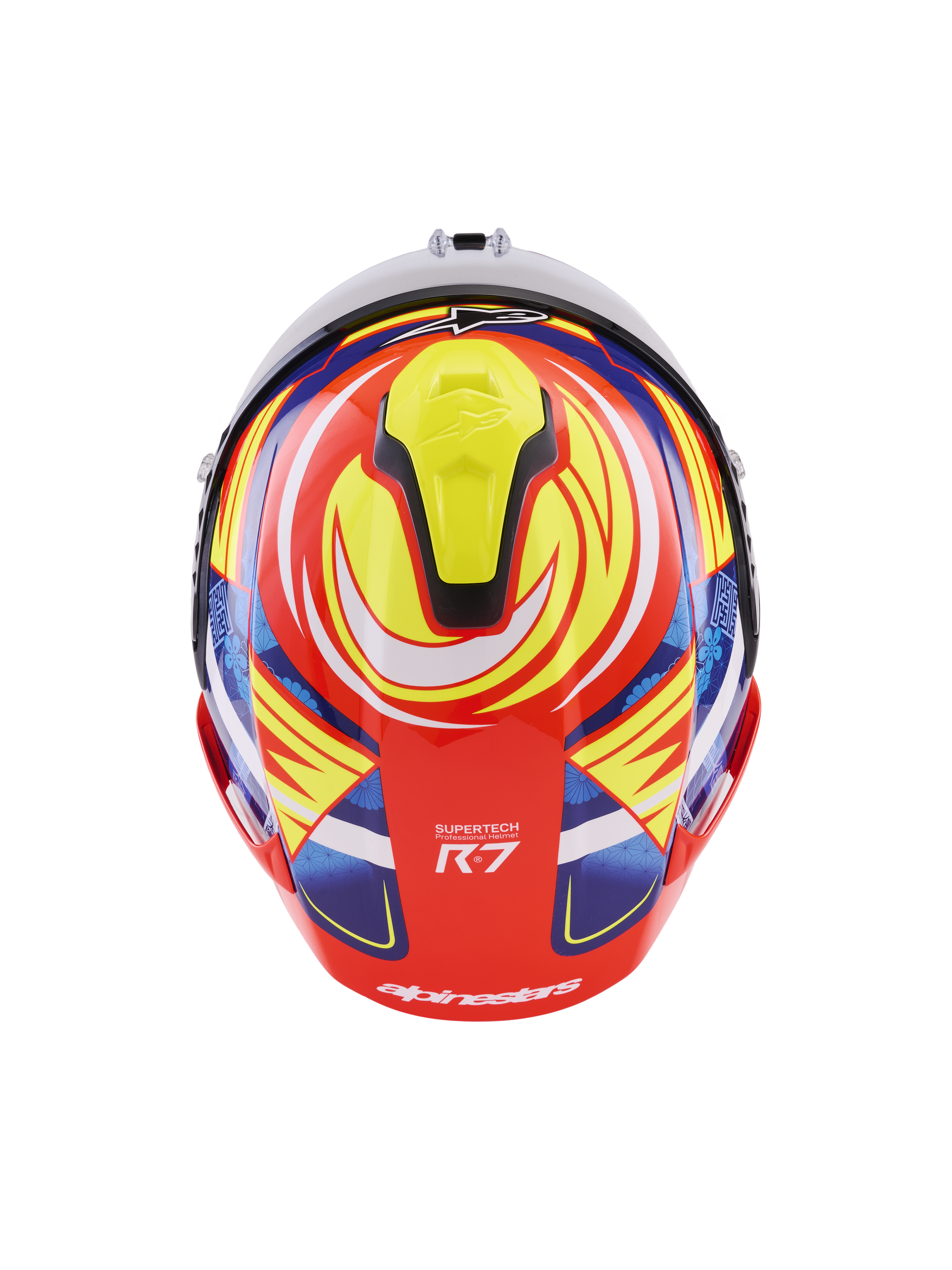Alpinestars S-R7 Taiyo Furusato helm, ECE 22.06 gecertificeerde integraalracehelm, achteraanzicht van boven met multi-composiet carbon schaalconstructie in rood, wit, blauw en geel glanzend