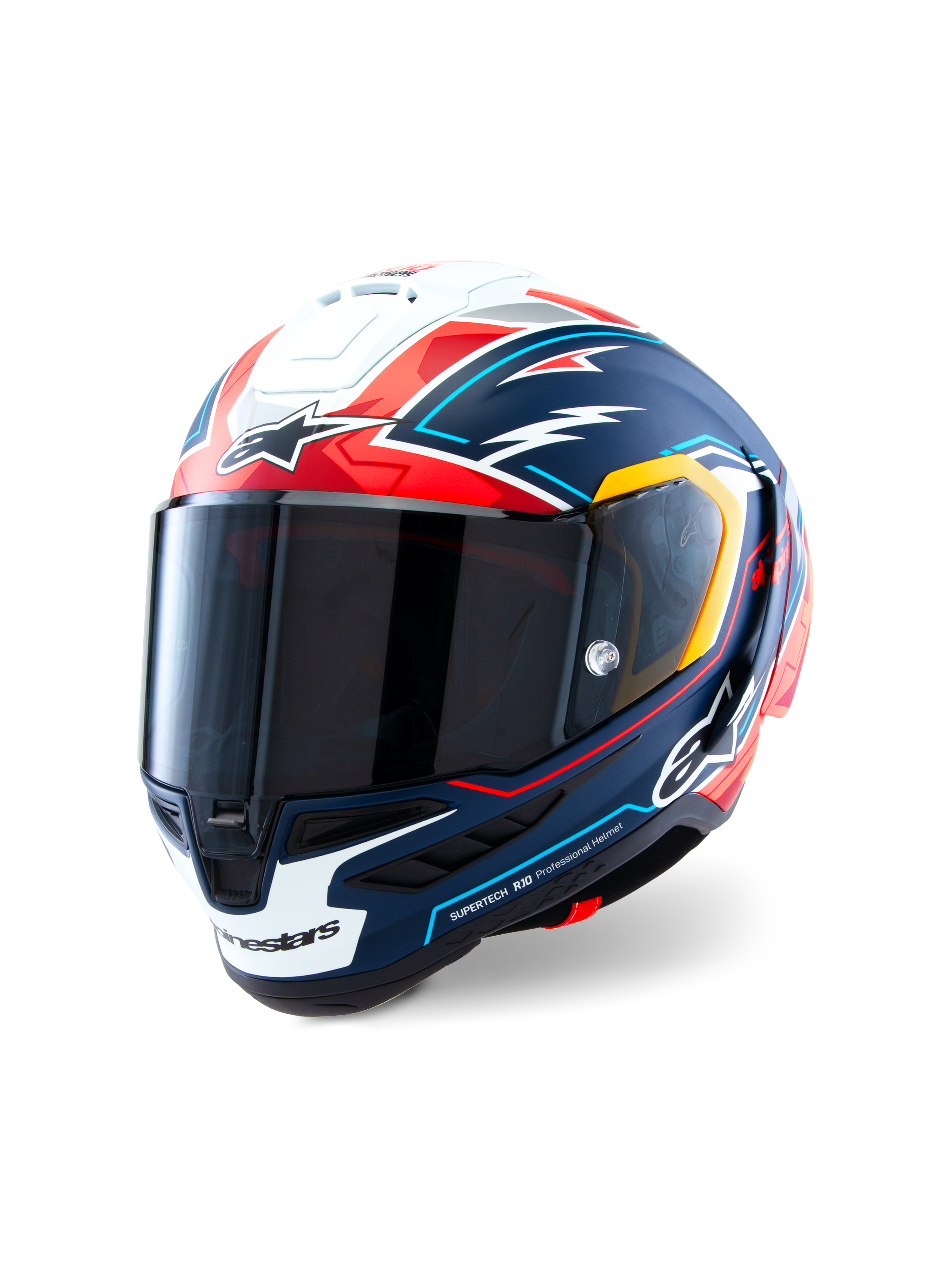 Alpinestars Supertech R10 Acosta Limited Edition Helm, integraal motorracehelm, Blauw Rood en Wit Mat met grafische accenten, aerodynamisch carbon schaalontwerp, donker rookvizier, hoogwaardige professionele bescherming