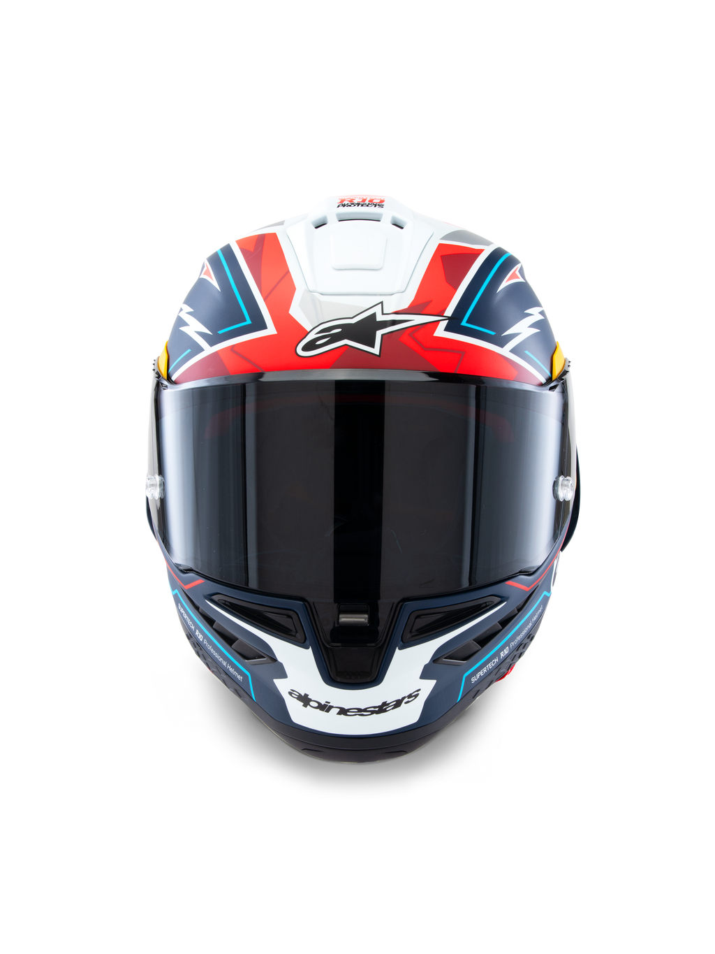 Alpinestars Supertech R10 Acosta Limited Edition helm, vooraanzicht, mat blauw, rood en wit, hoogwaardige racehelm met donker getint vizier, opvallend geometrisch ontwerp en Alpinestars branding, carbon composiet schaal