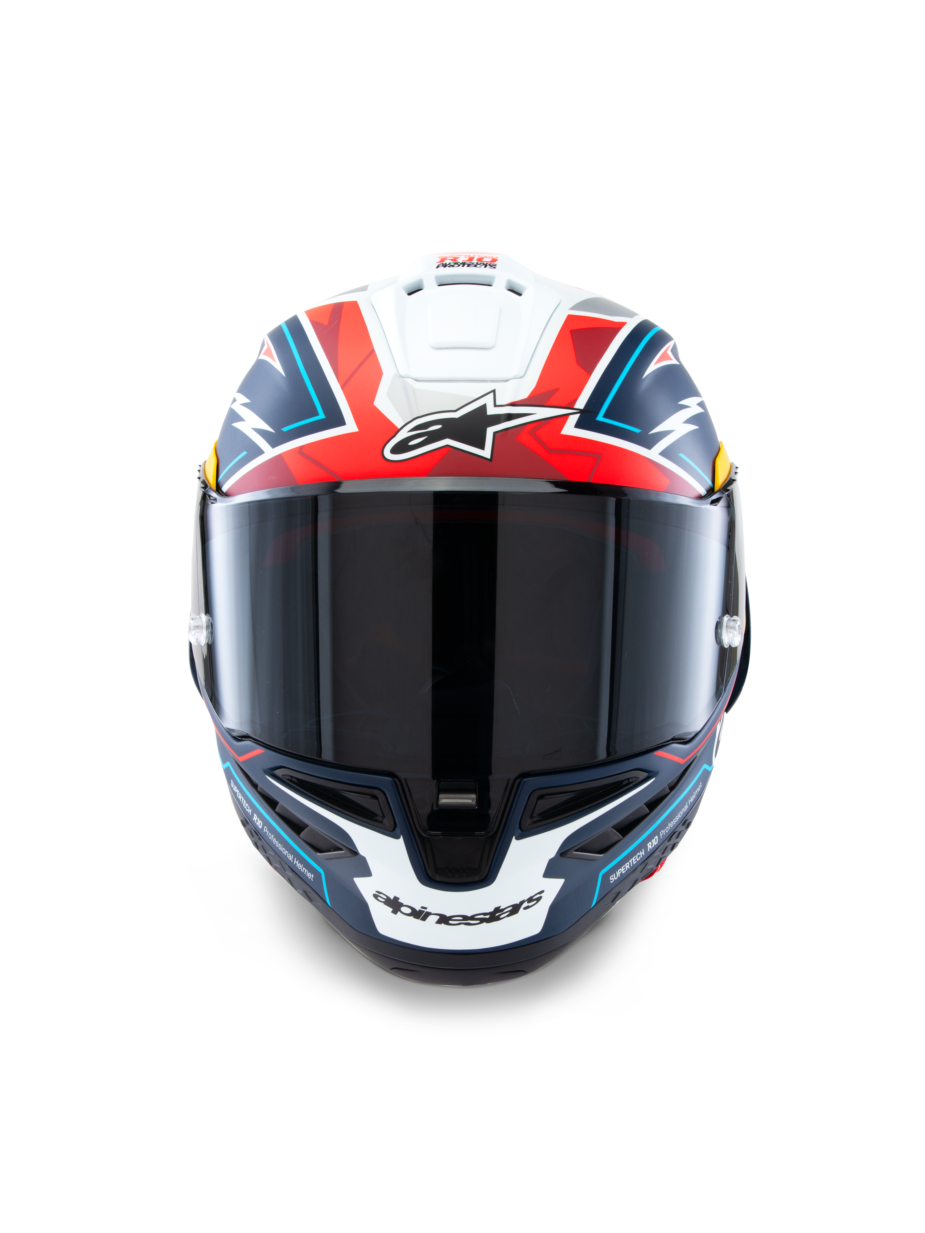 Alpinestars Supertech R10 Acosta Limited Edition helm, vooraanzicht, mat blauw, rood en wit, hoogwaardige racehelm met donker getint vizier, opvallend geometrisch ontwerp en Alpinestars branding, carbon composiet schaal