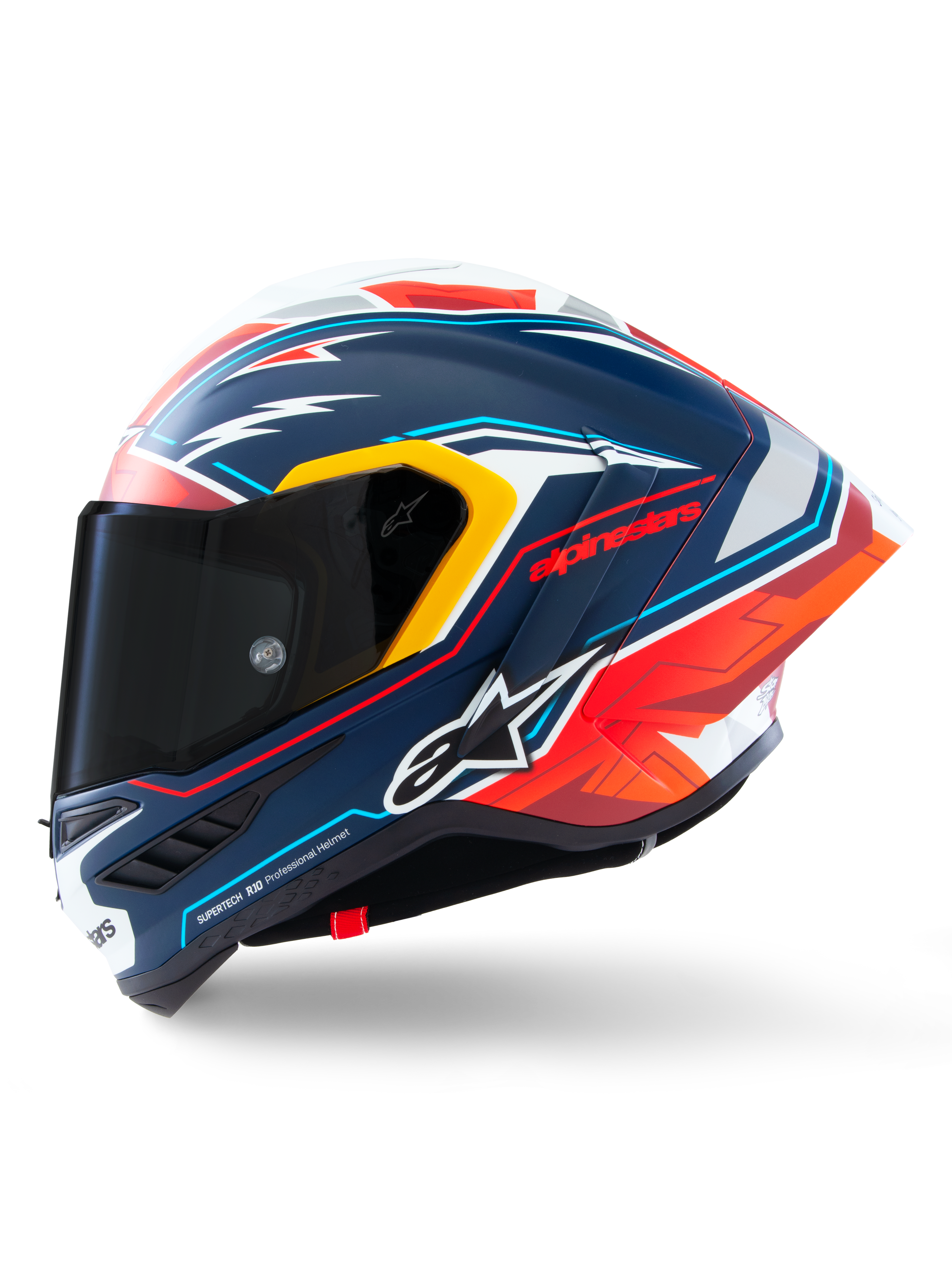 Alpinestars Supertech R10 Acosta Limited Edition helm, integraalracehelm, matblauw met rode, witte en gele accenten, zijaanzicht met donker rookvizier en aerodynamische winglet, professioneel carbon fiber race-ontwerp