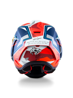 Alpinestars Supertech R10 Acosta Beperkte Oplage Helm, achteraanzicht met carbon composiet constructie, haaiengrafiek en DOT-certificering, blauw, rood en wit, race-motorhelm