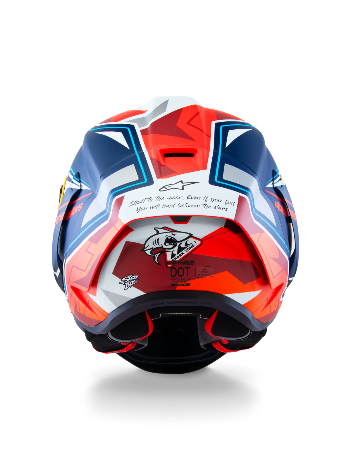 Alpinestars Supertech R10 Acosta Beperkte Oplage Helm, achteraanzicht met carbon composiet constructie, haaiengrafiek en DOT-certificering, blauw, rood en wit, race-motorhelm