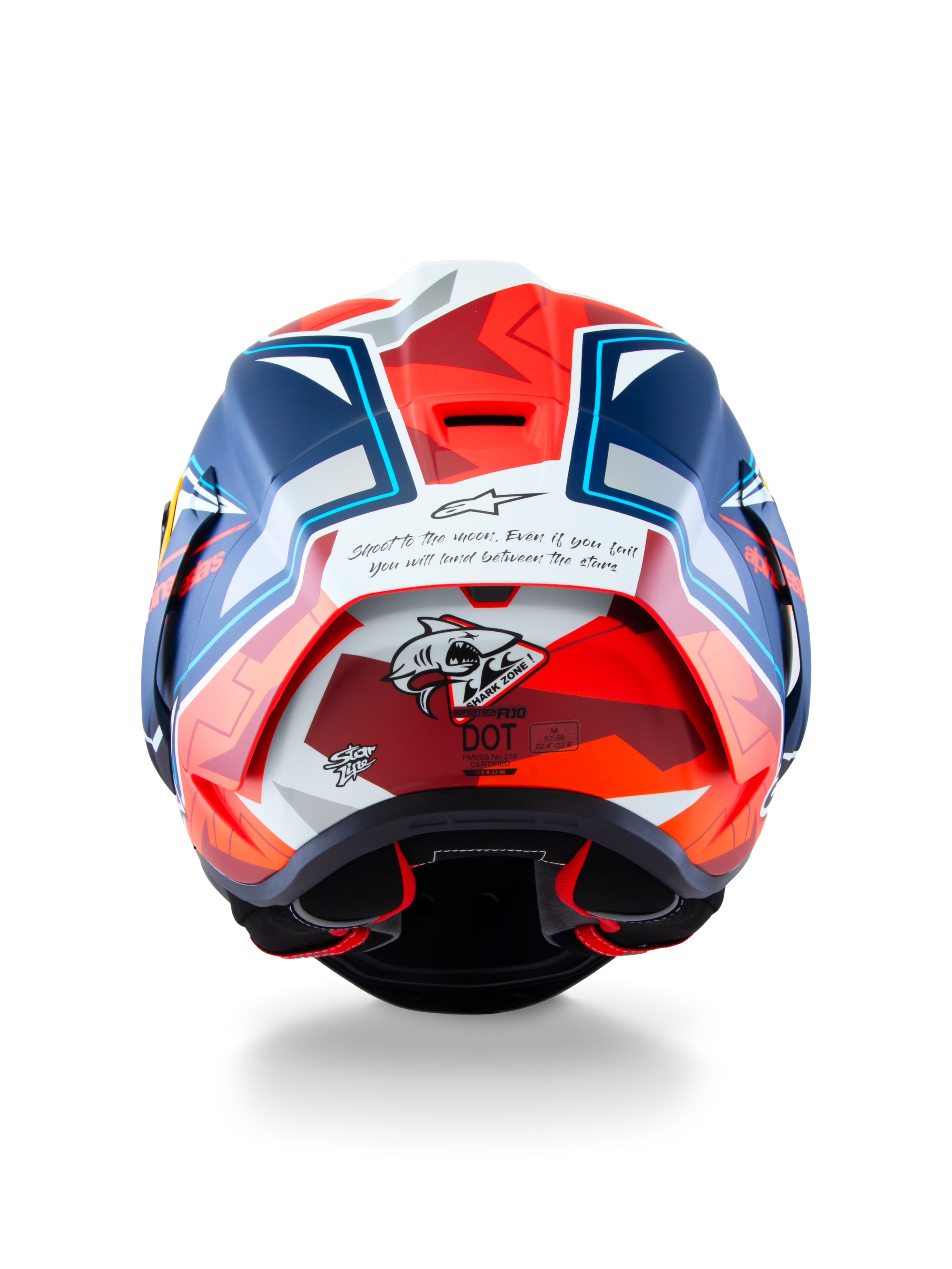 Alpinestars Supertech R10 Acosta Limited Edition Helm, achteraanzicht, mat blauw, rood en wit, met "Shark Zone" haai-graphic en inspirerende quote op de achterkant, aerodynamische racespoiler en professionele motorbescherming