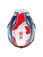 Alpinestars Supertech R10 Acosta Beperkte Oplage Helm, carbon racehelm, topaanzicht, blauw, rood en wit, aerodynamische spoiler en racegraphics, CE-gecertificeerd