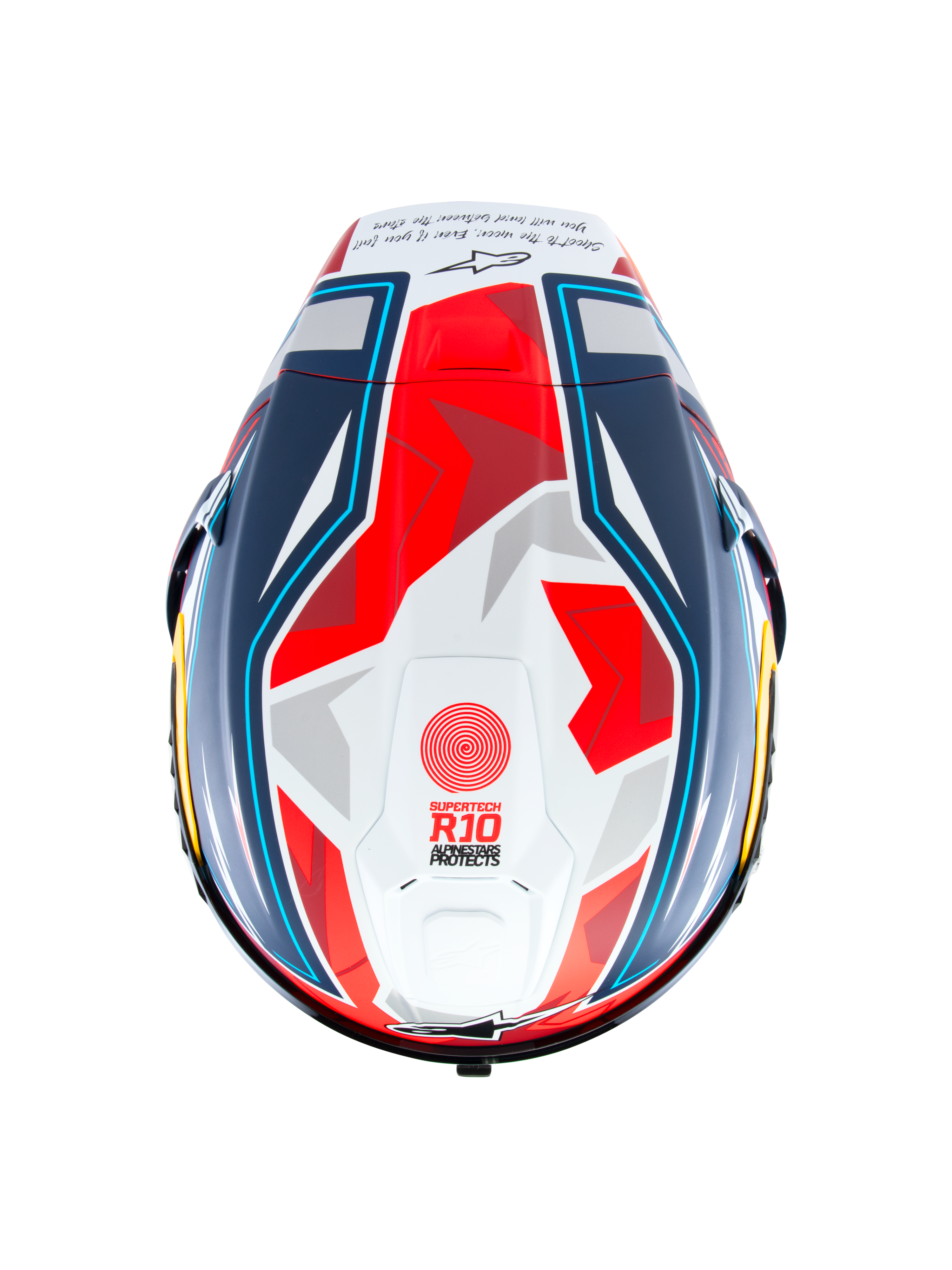 Alpinestars Supertech R10 Acosta Limited Edition helm, bovenaanzicht, blauw rood en wit mat, racomotorhelm met aerodynamische schaal en geometrische graphics, 'Supertech R10' branding op de bovenkant, matte afwerking