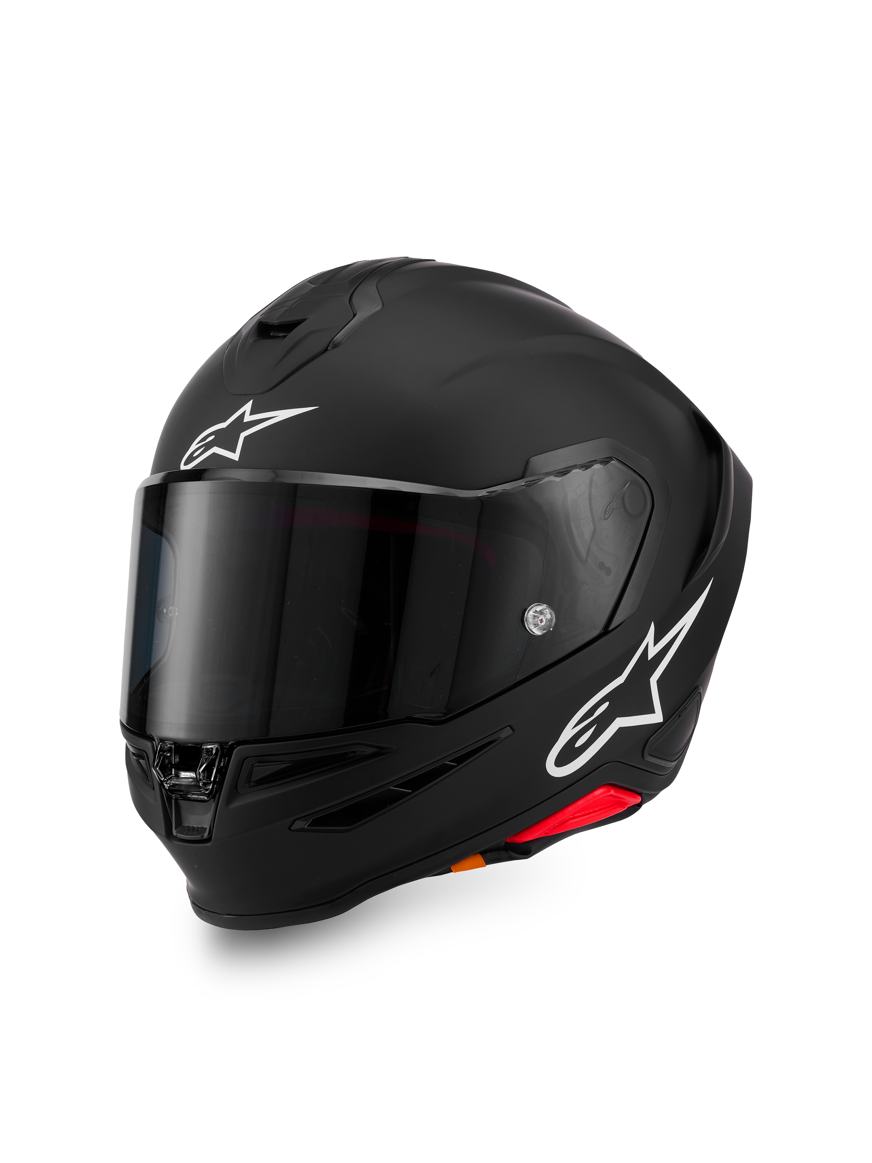 Alpinestars S-R7 Solid Helmet, full-face motorcycle helmet, Black Matte with white A-star logos on forehead and side, dark tinted visor, aerodynamic shell design for racing and sport riding