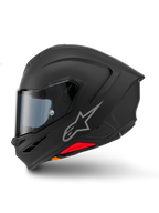 Alpinestars S-R7 Solid Helmet, Full-Face Motorcycle Helmet, Matte Black, side profile view, featuring silver Astars logo on the side, aerodynamic design with integrated spoiler and chin vents, and red and orange accents at the base.