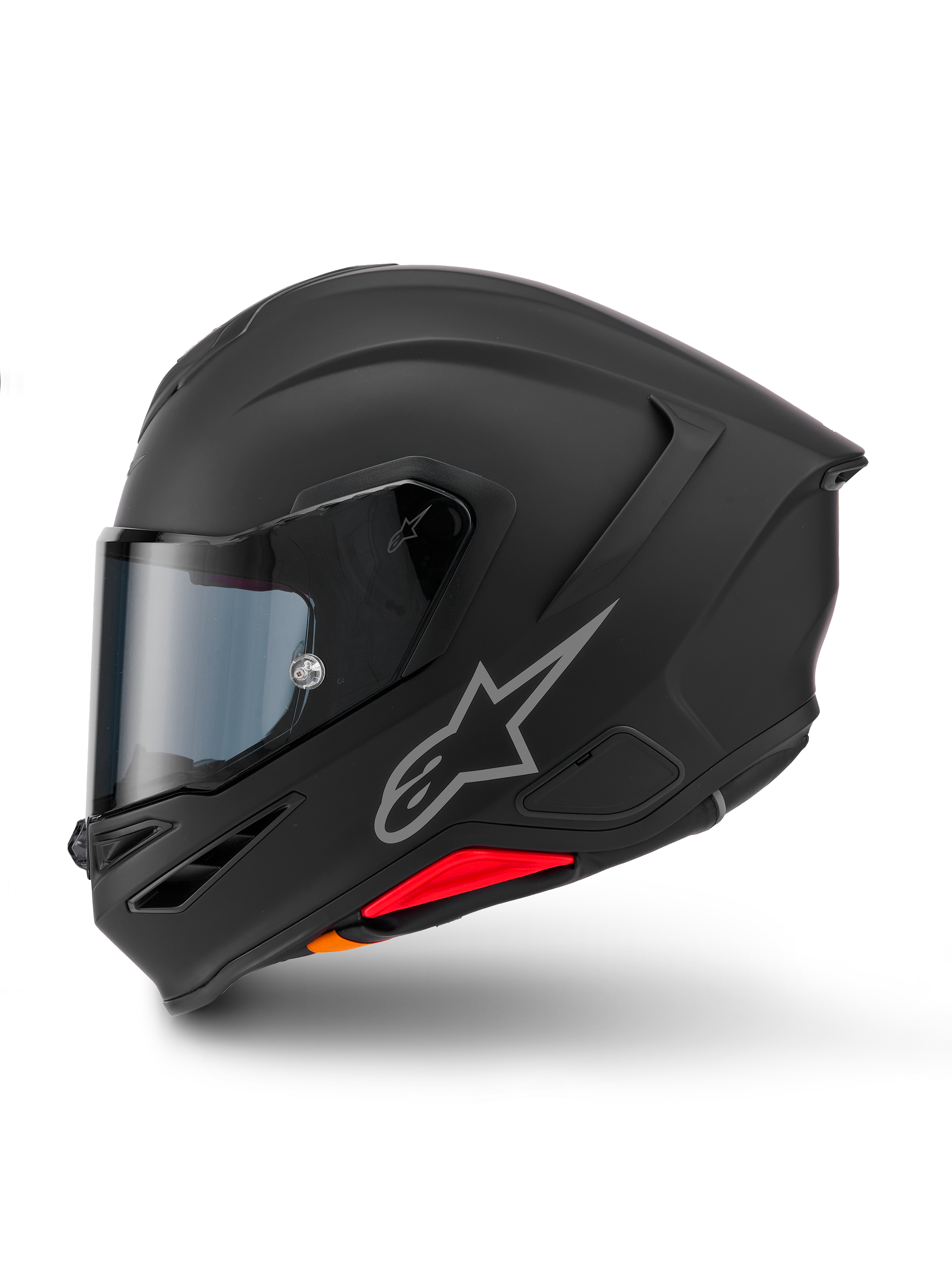 Alpinestars S-R7 Solid Helmet, Full-Face Motorcycle Helmet, Matte Black, side profile view, featuring silver Astars logo on the side, aerodynamic design with integrated spoiler and chin vents, and red and orange accents at the base.