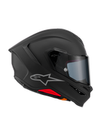 Alpinestars S-R7 Solid Helmet, Full-Face motorcycle helmet, Matte Black, side profile view showing aerodynamic carbon composite shell, integrated rear spoiler, silver Astars logo, clear visor, and ventilation ports, racing and sport riding gear