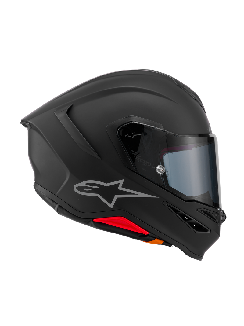 Alpinestars S-R7 Solid helm, integraal motorhelm, mat zwart, zijprofiel met aerodynamische koolstofcomposiet schaal, geïntegreerde achterspoiler, zilveren Astars-logo, helder vizier en ventilatieopeningen, race- en sportuitrusting