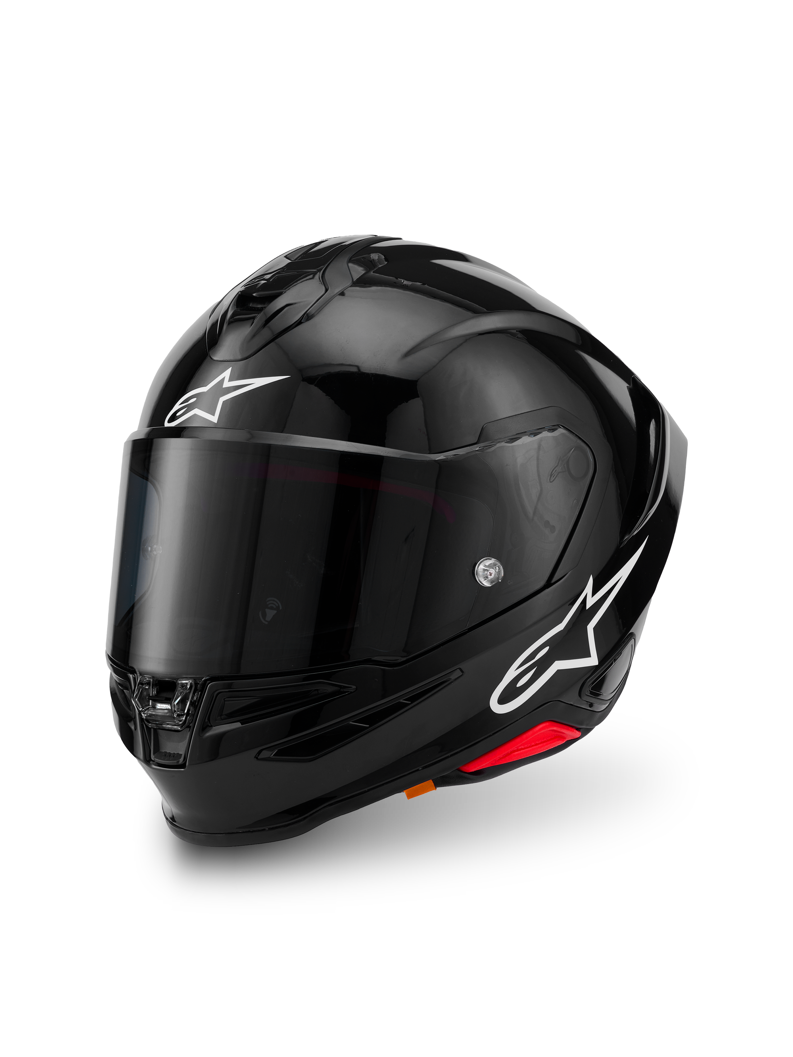 Alpinestars S-R7 Solid Helmet, Black Glossy, full-face motorcycle helmet with carbon composite shell, white star logos on forehead and side, aerodynamic design with integrated spoiler and ventilation ports