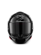 Alpinestars S-R7 Solid Helmet, Full-Face Motorcycle Helmet, Black Glossy, front view with a dark tinted visor, streamlined aerodynamic shell featuring chin and top vents, subtle silver Alpinestars logo on the forehead.
