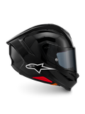 Alpinestars S-R7 Solid Helmet, Full-Face Motorcycle Helmet, Black Glossy, profile view featuring a white A-star logo, streamlined aerodynamic shell with integrated spoiler and red accents at the base, designed for racing and sport performance.