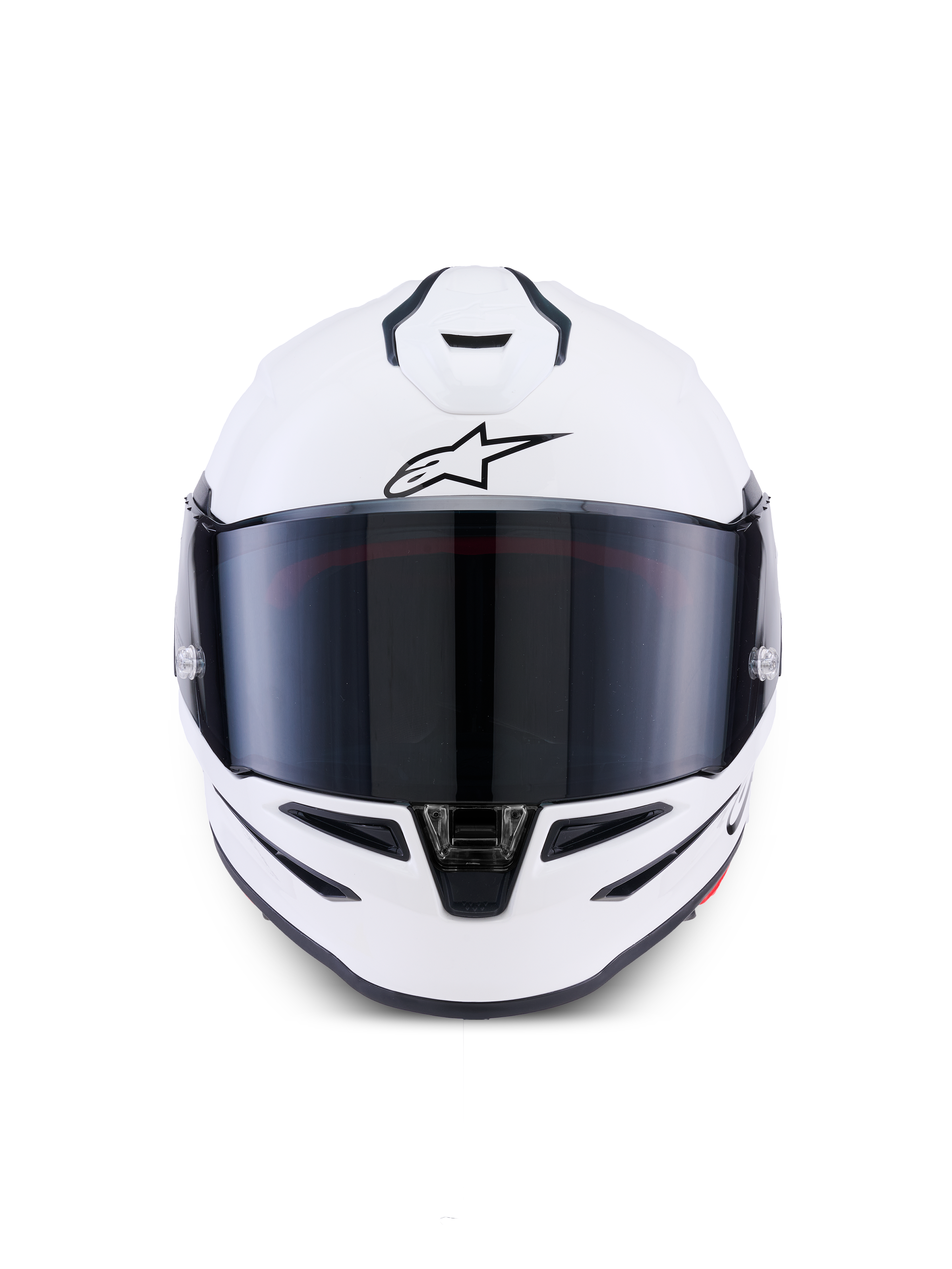 Alpinestars S-R7 Solid Helmet, Full-Face Motorcycle Helmet, White Glossy, front-facing view with dark tinted visor, aerodynamic shell with integrated vents, professional racing and sport gear
