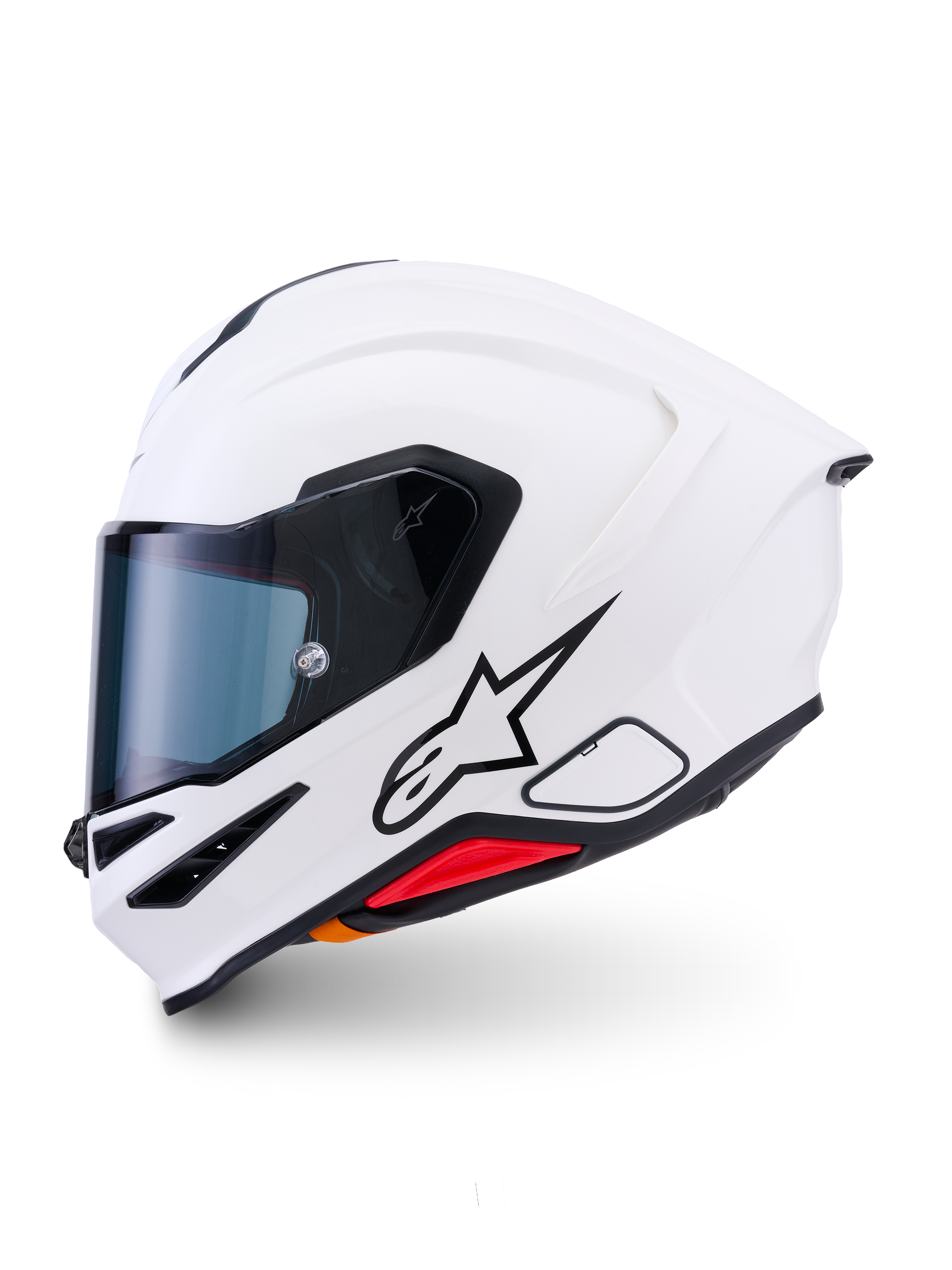 Alpinestars S-R7 Solid Helmet, full-face motorcycle helmet, White Glossy, sleek aerodynamic shell with an integrated rear spoiler, clear visor, and multiple ventilation ports, high-performance racing and sport protective gear