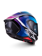 Alpinestars S-R7 Zeal helm, integraal motorracinghelm, zwart, blauw, roze en wit, zij- en achteraanzicht met aerodynamische spoiler en grafisch design