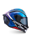 Alpinestars S-R7 Zeal helm, integraal motorracinghelm, zwart, blauw, fluorroze en wit, carbon composietconstructie, CE 22.06-gecertificeerd, zijaanzicht met aerodynamische schaal en vizier