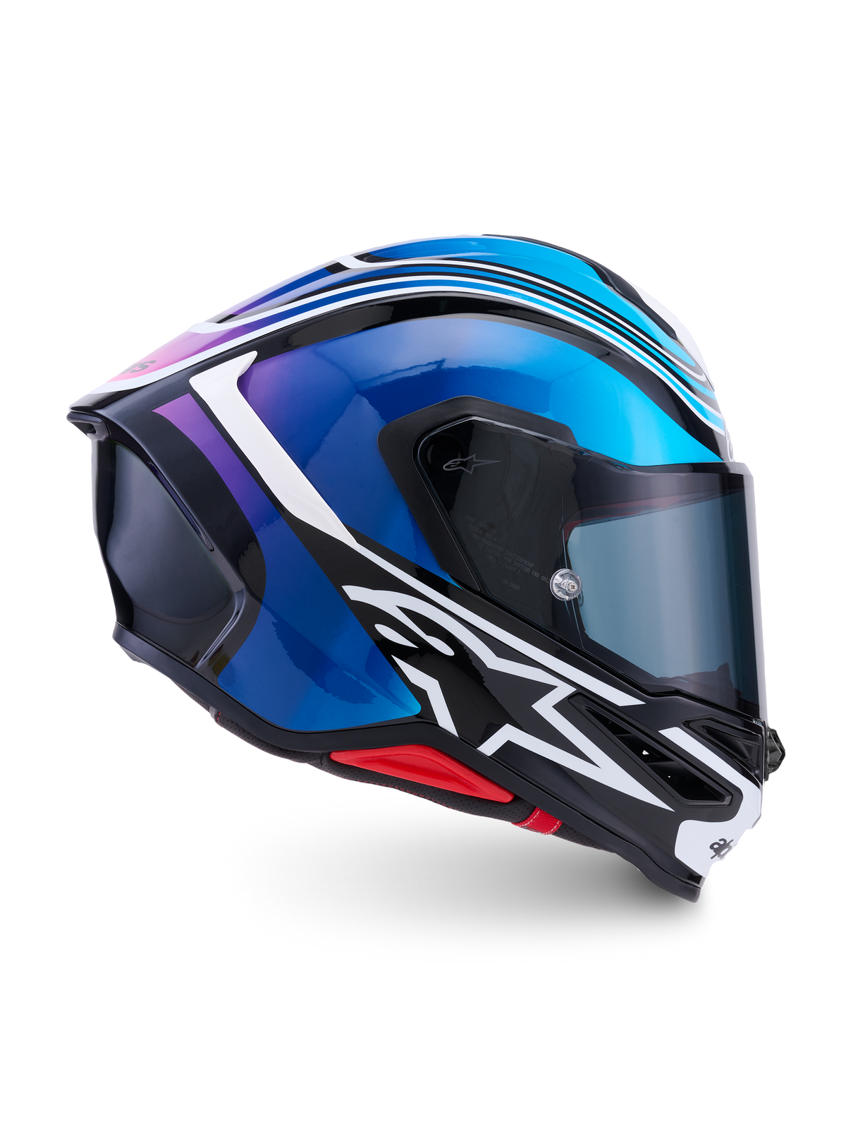 Alpinestars S-R7 Zeal helm, integraal motorracinghelm, zwart, blauw, fluorroze en wit, carbon composietconstructie, CE 22.06-gecertificeerd, zijaanzicht met aerodynamische schaal en vizier