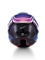 Alpinestars S-R7 Zeal helm, ECE 22.06 integraalmotorhelm, achteraanzicht, zwart, blauw en fluoroze met glanzende afwerking, carbon composietconstructie