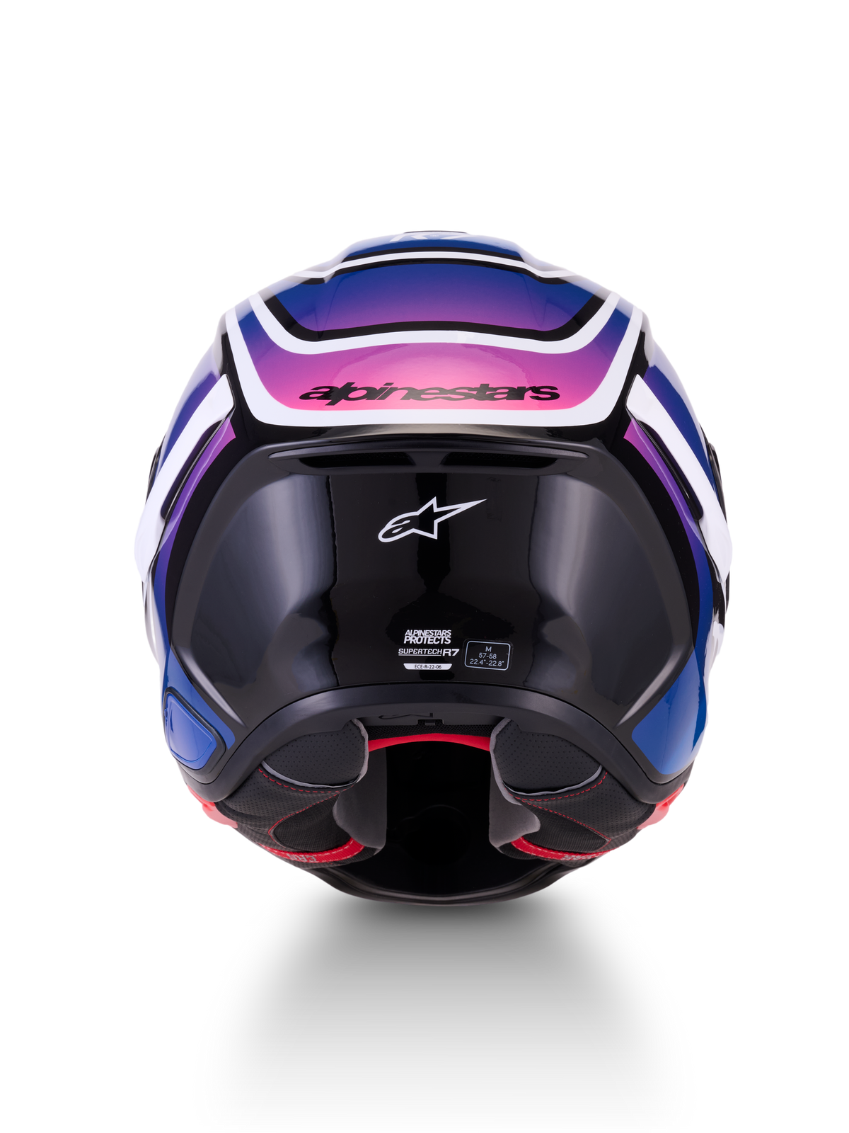Alpinestars S-R7 Zeal helm, ECE 22.06 integraalmotorhelm, achteraanzicht, zwart, blauw en fluoroze met glanzende afwerking, carbon composietconstructie
