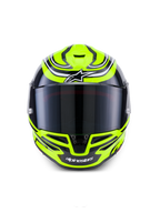 Alpinestars S-R7 Zeal helm, ECE 22.06 motorracinghelm, geel, zwart en wit, glanzende afwerking, carbon constructie en aerodynamisch vizier