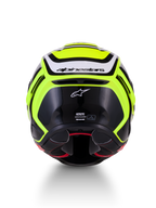 Alpinestars S-R7 Zeal helm, motorracehelm, geel fluo, zwart en wit, achteraanzicht met koolstofcomposiet constructie en Alpinestars-branding