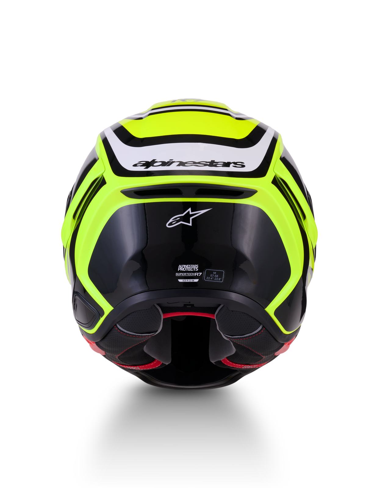 Alpinestars S-R7 Zeal helm, motorracehelm, geel fluo, zwart en wit, achteraanzicht met koolstofcomposiet constructie en Alpinestars-branding