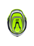 Alpinestars S-R7 Zeal helm ECE 22.06, integraalmotorhelm voor op de weg in geel fluo, zwart en wit, topaanzicht met aerodynamisch ontwerp, ventilatieopeningen en Supertech R7 brandingdetails